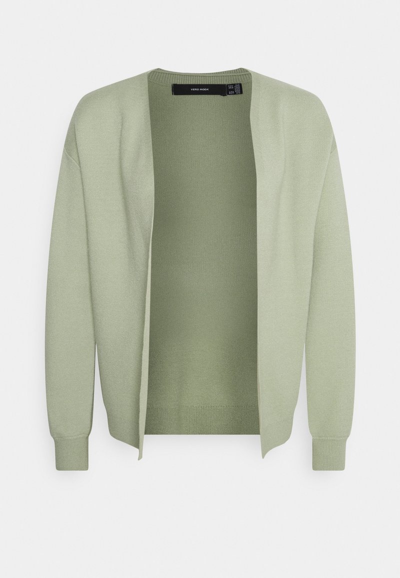 Svetle zelený cardigan vyrobený z měkkého pleteného materiálu, otevřený design vpředu, žebrované manžety a lem, s bezšvovou konstrukcí a volným střihem.