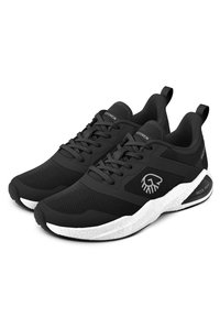Black athletic shoes with a mesh upper, flat laces, rubber sole, and white midsole. Features a logo on the side and reinforced toe.