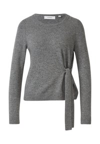 Grauer Strickpullover mit langen Ärmeln, rundem Ausschnitt und seitlicher Bindung an der Taille, mit gerippten Bündchen und Saum, Etikett in Größe 46 sichtbar.