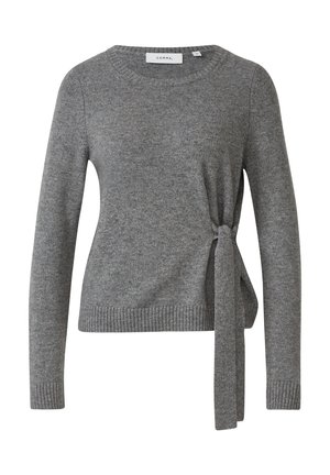 Szary sweter dzianinowy z długim rękawem, okrągłym dekoltem oraz wiązaniem po bokach w talii, ściągacze na mankietach i u dołu, widoczna metka z rozmiarem 46.