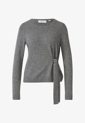 Szary sweter dzianinowy z długim rękawem, okrągłym dekoltem oraz wiązaniem po bokach w talii, ściągacze na mankietach i u dołu, widoczna metka z rozmiarem 46.