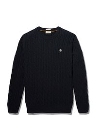 Pull marine en maille torsadée avec col rond, manches longues et petit logo sur la poitrine. Confectionné dans un tissu texturé, offrant chaleur et couverture.