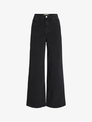 Jeans de ganga pretos de perna larga com design de cinco bolsos, cintura alta e fecho de botão. Apresenta costura subtil e um acabamento limpo.