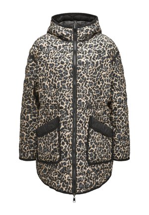Steppjacke mit Leopardenprint, Kapuze, Frontreißverschluss, großen schwarz abgesetzten Taschen und abgerundetem Saum auf weißem Hintergrund.