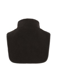 Čierny fleece odev s vysokým golierom, mäkkou textúrou a oblým spodným lemom. Navrhnutý pre teplo, bez viditeľných zapínaní alebo ozdôb.