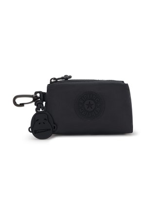 Black zippered wallet made of fabric with a textured finish. Features a round logo and a rubber monkey keychain attached.