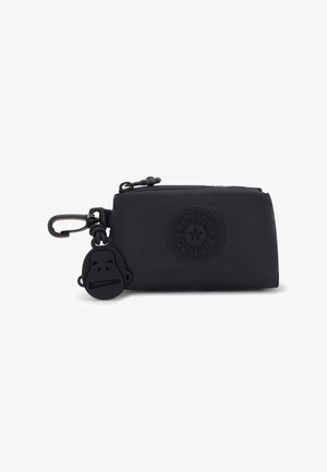 Black zippered wallet made of fabric with a textured finish. Features a round logo and a rubber monkey keychain attached.