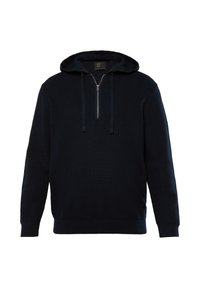Marineblauwe hoodie met ribbelstructuur, frontale rits en trekkoorden. Voorzien van een kangoeroezak en een logotag langs de zijnaad.