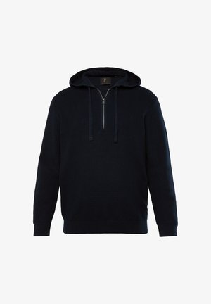 Marineblaue Kapuzenjacke mit gerippter Textur, Frontreißverschluss und Kordelzügen. Sie verfügt über eine Kängurutasche und ein Logotag an der Seitennaht.