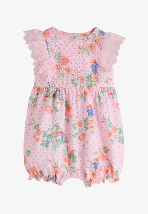 Tutina rosa per neonati con stampe floreali e piccoli personaggi, maniche arricciate in pizzo, ricamo a occhiello sul petto e aperture gambe arricciate.