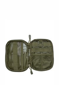 Olive green etui z zamkiem błyskawicznym, z siateczkowymi i materiałowymi przegródkami, elastycznymi paskami oraz okrągłą pętlą na akcesoria. Teksturowany materiał poliestrowy.