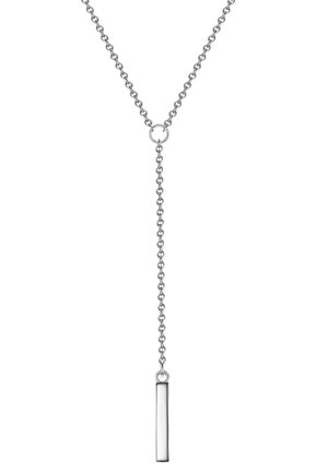 Silberne Kettenhalskette mit einem langen, geraden Anhänger, der von einem runden Ring hängt. Die Kette hat kleine, miteinander verbundene Glieder.