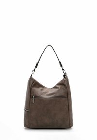 Brown faux leather hobo bag with a slouchy design, a single shoulder strap, and a front zippered pocket. Smooth texture with a subtle sheen.
