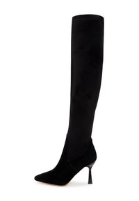 Botas negras hasta la rodilla hechas de un tejido suave, con punta afilada y un elegante tacón de aguja. El diseño presenta un acabado sin costuras y con mínimas puntadas.