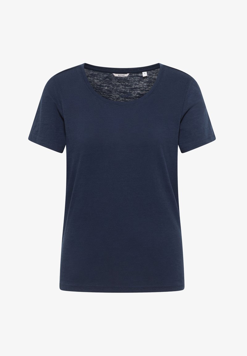 Navy blue short-sleeved T-shirt made of soft cotton. Features a round neckline and a relaxed fit with a subtle texture.