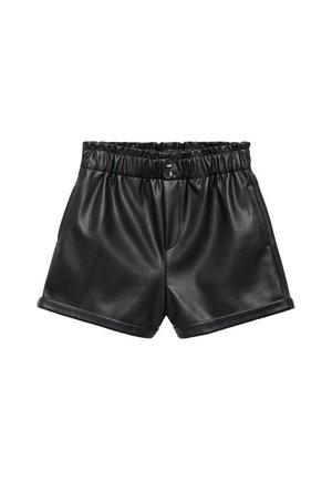Schwarze Lederimitat-Shorts mit breitem elastischen Bund, zwei Fronttaschen und aufgerollten Säumen. Glatte Textur und schlichtes Design.