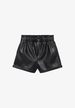 Shorts neri in similpelle con una ampia cintura elastica, due tasche frontali e risvolti. Texture liscia e design semplice.