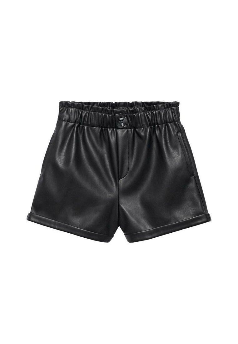 Svarta faux lädershorts med bred elastisk midja, två framfickor och uppvikta ärmkanter. Slät textur och enkel design.
