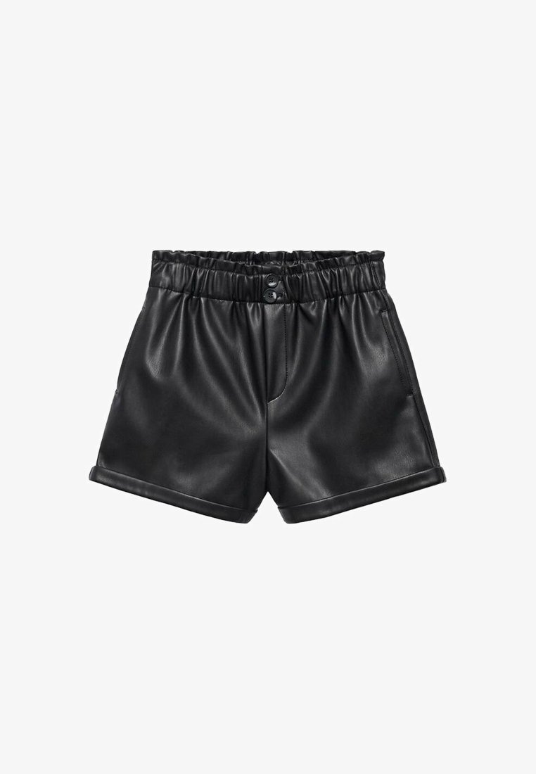 Černé šortky z umělé kůže s širokým elastickým pasem, dvěma předními kapsami a ohrnutými manžetami. Hladký povrch a jednoduchý design.