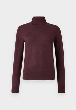 Burgunderfarget genser med høy hals laget av et mykt strikkemateriale, med lange ermer og en tettsittende silhuett med ribbestrikkede mansjetter og nederkant.