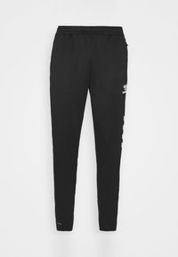 Black athletic pants with elastic waistband, tapered legs, and white logo and chevron stripes on right thigh and calf.