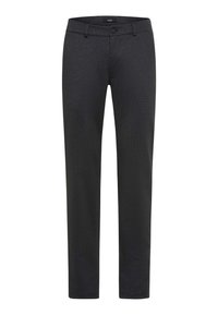 Donkergrijze geruite broek met een rechte snit, knoopsluiting en zijzakken. De stof heeft een subtiele textuur en patroon.