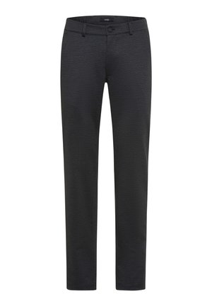 Pantaloni a quadri grigio scuro con taglio dritto, chiusura con bottone e tasche frontali. Il tessuto presenta una sottile trama e un motivo.