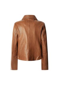 Giacca di pelle marrone con design cropped, colletto arricciato e maniche lunghe. Texture liscia e dettagli minimi sul retro.