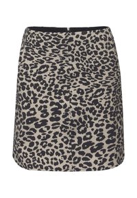 Beige-musta leopardikuvioinen hame, jossa on vartalonmyötäinen siluetti, vetoketjusuljenta takana ja sileä pinta.