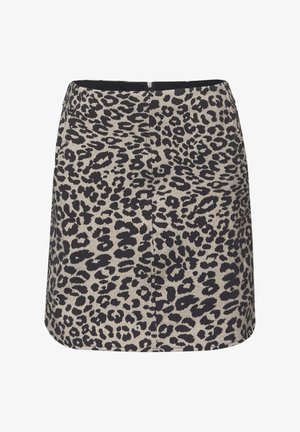 Leopardmönstrad kjol i beige och svart, med figurnära siluett, dragkedja baktill och slät textur.