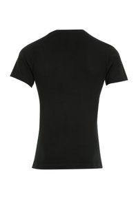 T-shirt noir à manches courtes, en coton lisse, avec une coupe ajustée et un col rond. Présente une texture solide et épurée.
