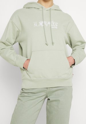 Person wearing light green Levi's hoodie with floral logo, hands in front pocket, paired with matching light green pants.