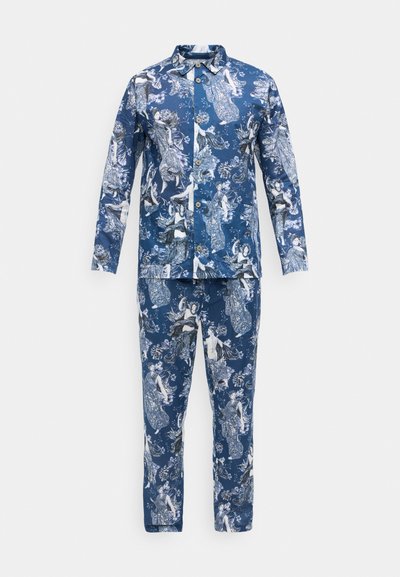 Blue cotton pajama set featuring long-sleeve button-up shirt and pants, adorned with a detailed white and gray artistic pattern.