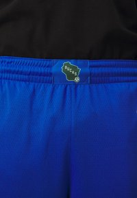 Pantalones cortos de baloncesto azules, hechos de tela de malla, con una cintura elástica y un parche del logo 'Bucks' en verde. Detalles mínimos y textura visible.
