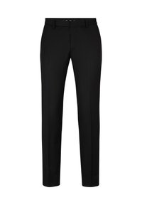 Black trousers featuring a tailored design, slim fit, and flat front. Made from smooth fabric with a subtle sheen and standard pockets.