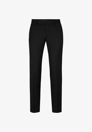Black trousers featuring a tailored design, slim fit, and flat front. Made from smooth fabric with a subtle sheen and standard pockets.