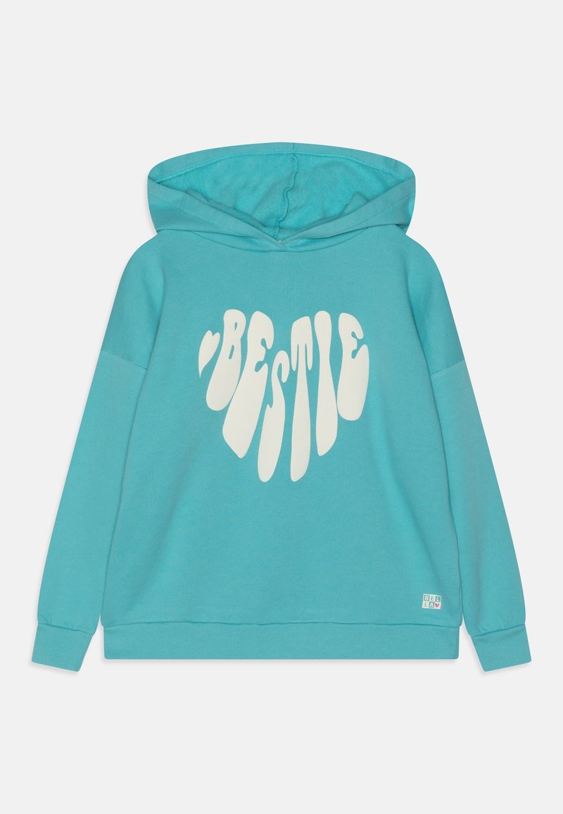 Sweat à capuche turquoise avec le texte blanc déformé "BESTIE" en forme de cœur sur le devant, doté de manches longues et d'une poche avant.