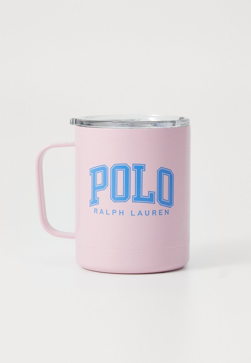 Pink stainless steel mug with clear lid, side handle, and blue "POLO RALPH LAUREN" text. Cylindrical shape with a smooth matte finish.