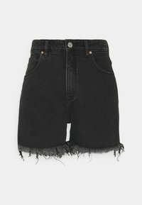 Black denim shorts with a high waist, frayed hem, and metal button closure. Features front pockets and slight fading in the fabric.