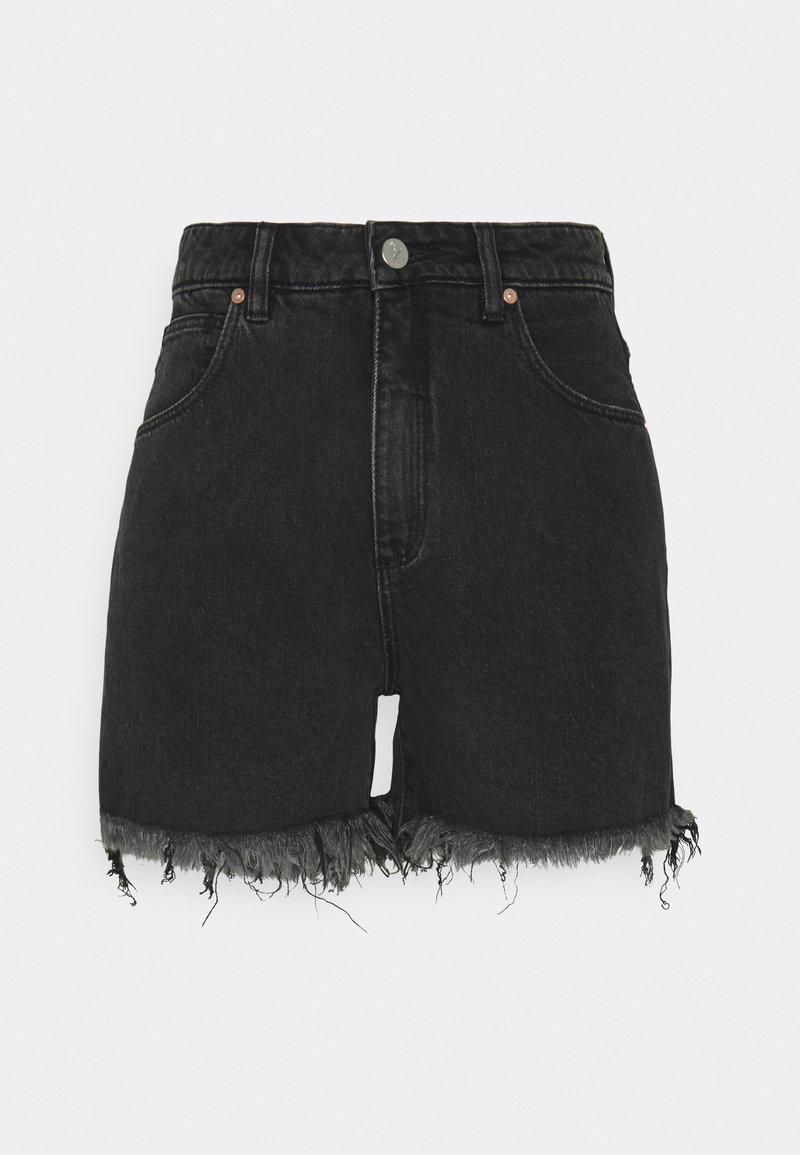 Black denim shorts with a high waist, frayed hem, and metal button closure. Features front pockets and slight fading in the fabric.