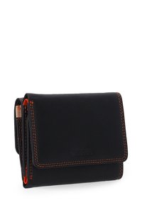 Black leather wallet with orange stitching, featuring a folded design and multiple card slots. Compact shape, smooth texture, and logo detail.