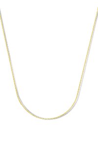 Zarte dünne Goldkette mit kleinen ovalen Gliedern auf weißem Hintergrund.