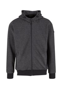 Felpa grigia con zip realizzata in tessuto testurizzato, con cappuccio regolabile, due tasche laterali e polsini a costine. Decorata con un'etichetta del logo.