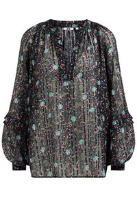 Průhledná černá blůza s květinovým potiskem v tyrkysové, růžové a zelené barvě. Disponuje výstřihem do V, nařasenou texturou a nabíranými rukávy. Elegantní design.