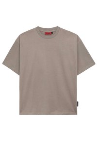 Tricou cu mânecă scurtă, guler rotund, în gri deschis din bumbac, cu o croială lejeră. Prezintă o etichetă mică pe tiv. Textură netedă.
