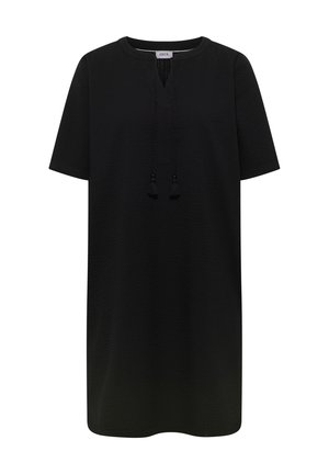 Zwarte jurk met korte mouwen, ronde hals en kwastjeskoordjes aan de voorkant, knielengte en losse pasvorm.