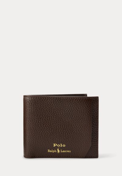 Brown textured leather wallet with gold Polo Ralph Lauren logo embossed on the front, shown closed against a plain background.
