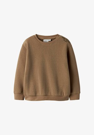 Brun sweatshirt med ribbet tekstur, rund halsudskæring og lange ærmer. Har "TIME TO PLAY" broderet på skulderen.