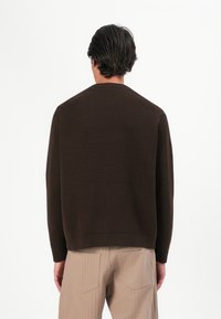 Brauner gestrickter Pullover mit Rundhalsausschnitt und gerippten Bündchen, von hinten gezeigt. Dazu werden hellbeige Cordhosen mit Gesäßtaschen kombiniert.