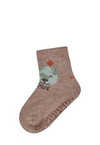 Braune Knöchel-Socke mit einem grünen Globus mit lächelndem Gesicht und kleinen Bäumen. Der Text "SAVE" befindet sich unter dem Grafik. Texturierte Sohle.